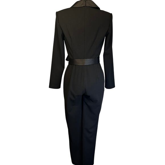 Adrianna Papell Black Tuxedo Jumpsuit Satin Lapel Belt Long Sleeve Women Size 2 - Picture 2 of 12